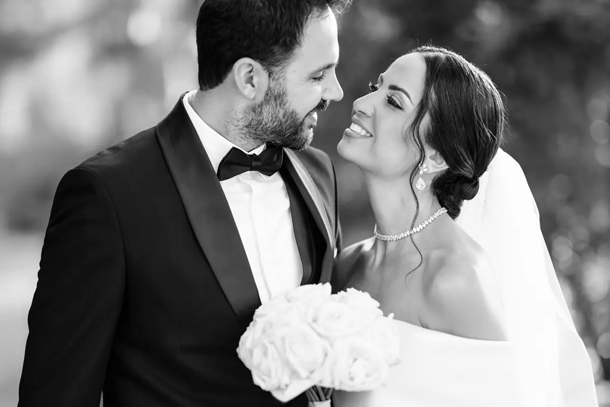 Joyful bride and groom close-up portrait, wedding photographer Prague.