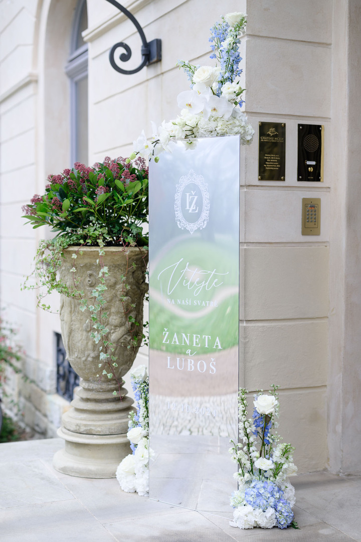 Wedding welcome sign at Chateau Mcely, decorated with flowers.