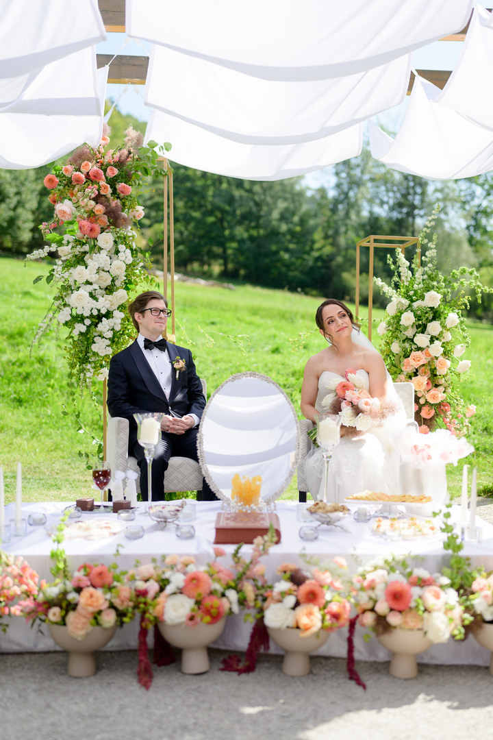 The bride and groom during their outdoor wedding ceremony in Čeladná.
