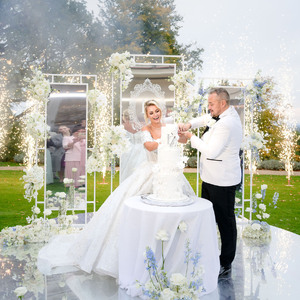 bride and groom cutting a wedding cake
