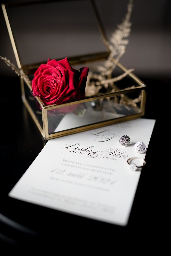 svatební oznámení s prstenem náušnicemi a rudou růží