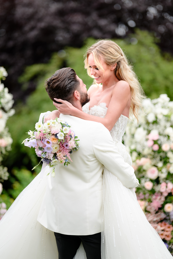 luxury bride and groom with florals decor