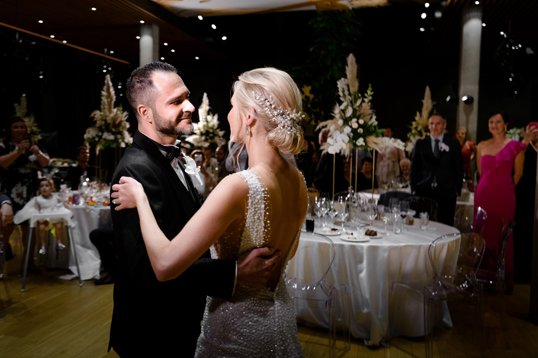 A romantic dance between the bride and groom highlights the joy and love of their wedding day at Obelisk Winery.