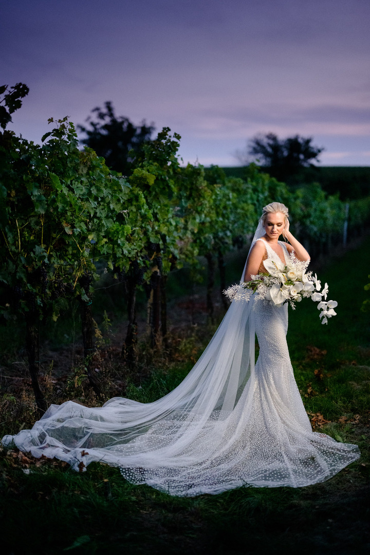 Bride in a flowing wedding dress and veil, standing in a vineyard at Obelisk Winery.